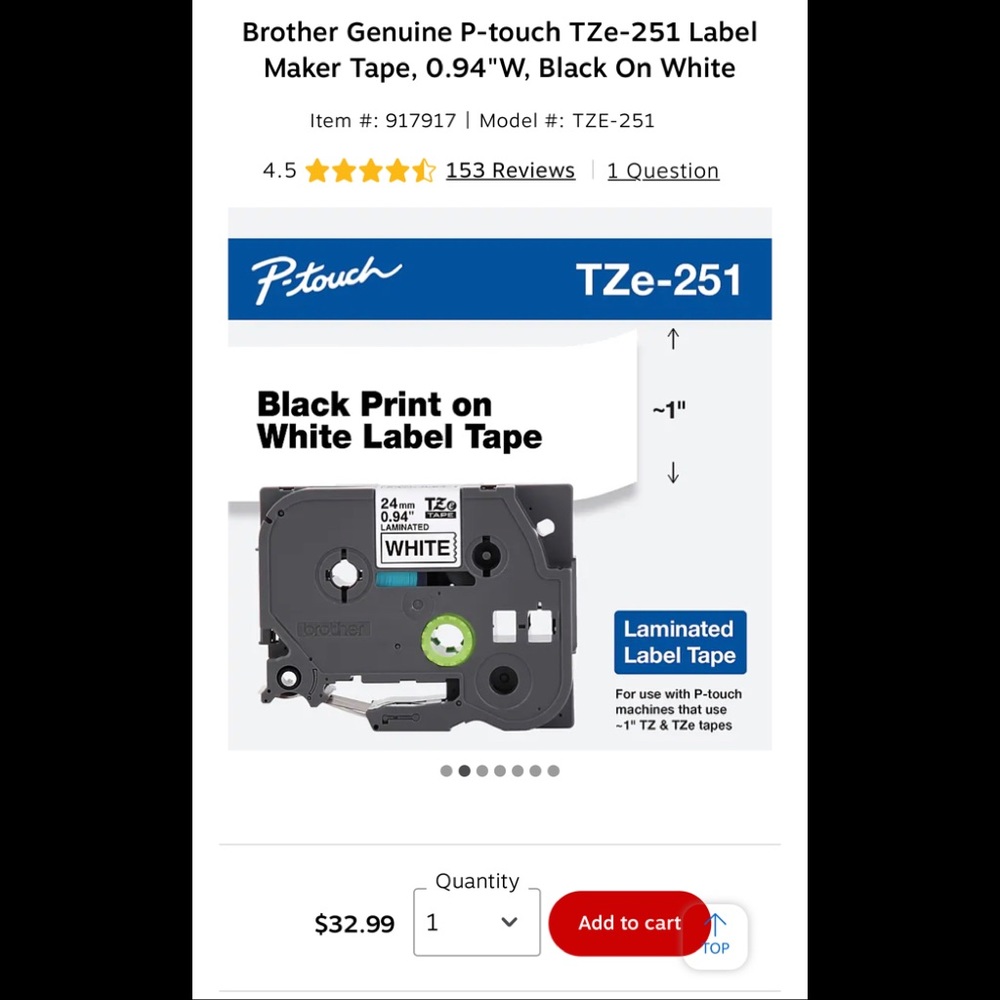 (2) Brother Genuine P-touch Label Maker Tape, 0.94"W, Black On White
